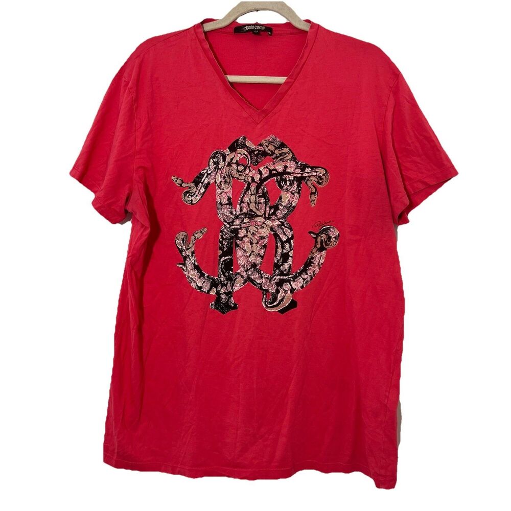Vintage‎ Roberto Cavalli T Shirt Womens XL Pink Short Sleeve Graphic Snake Print